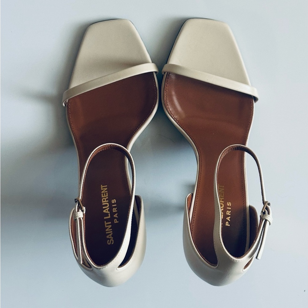 Saint Laurent Cream Heels with Gold Logo - Picture 8 of 11